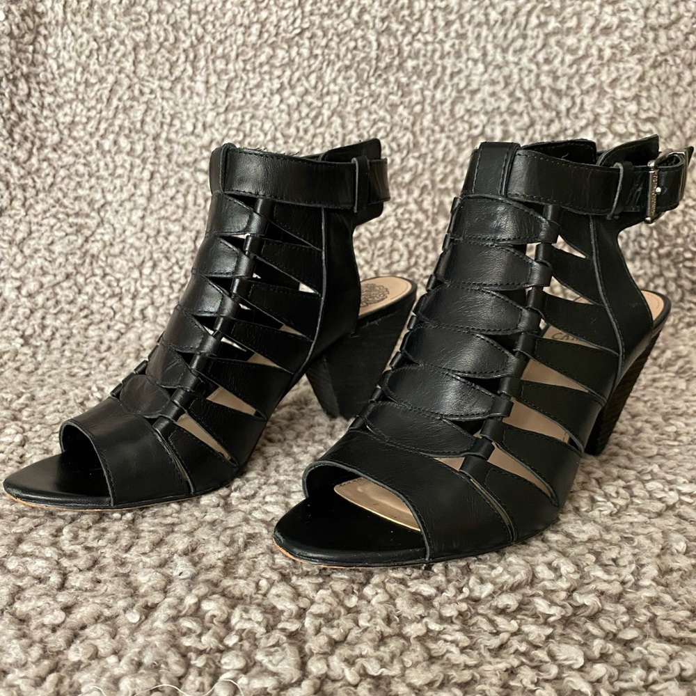 Vince Camuto Erika Open Toe Leather Black Bootie